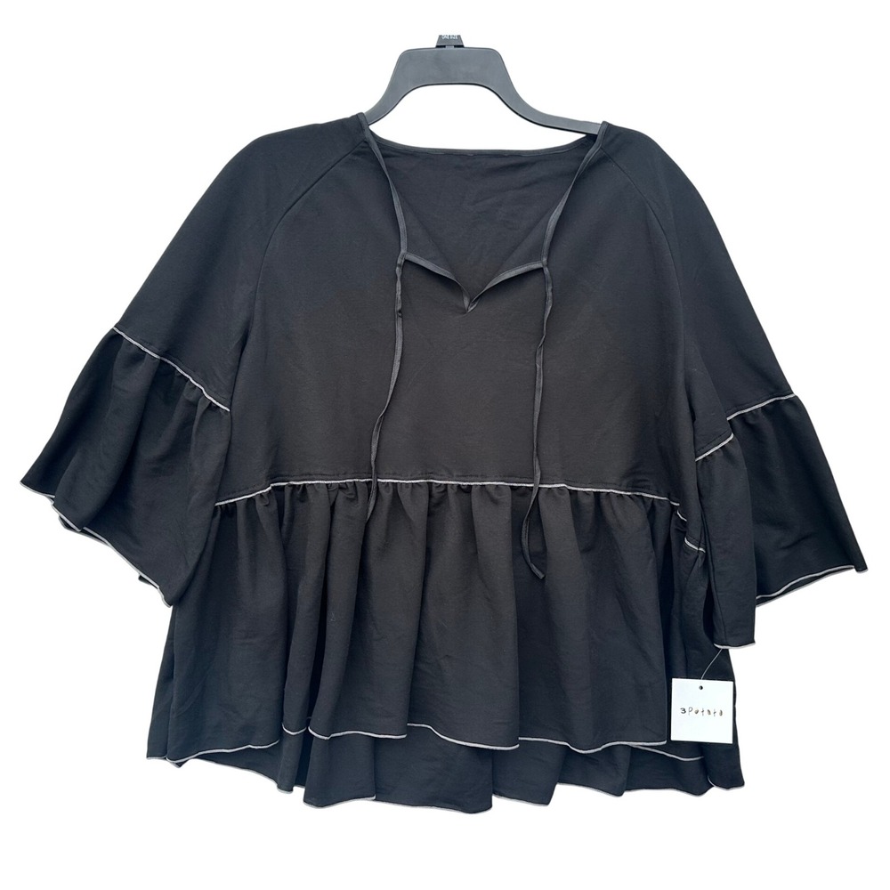 3Potato Womens Black Top S/M Tie Neck‎ Ruffle Short Sleeve Blouse Shirt